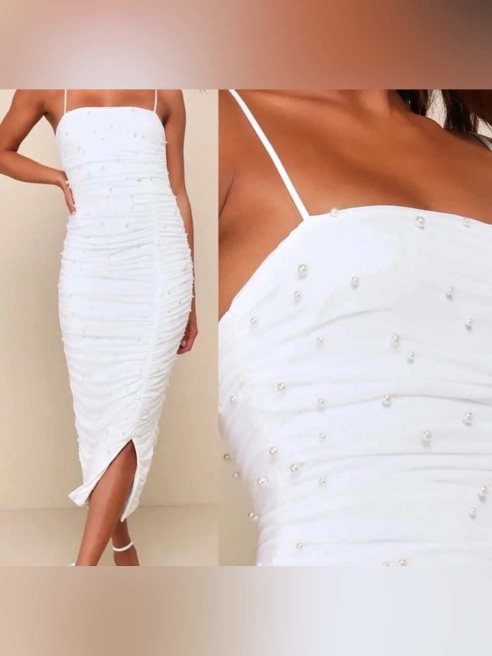 LULU’S Toast To Romance White Ruched Pearl Accent Midi Body Con Slip Dress